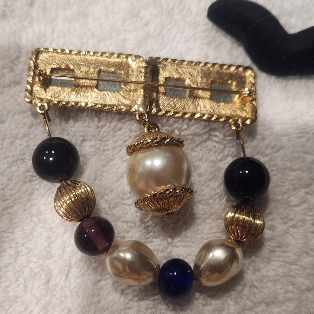 Vintage Gold Tone Multi Color Cabochon Faux Pearl Beaded Drop Statement‎ Brooch - Picture 4 of 9